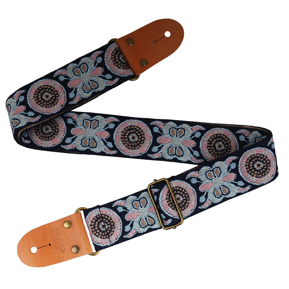 P&P Adjustable Guitar Strap – Embroidered with Leather Ends
