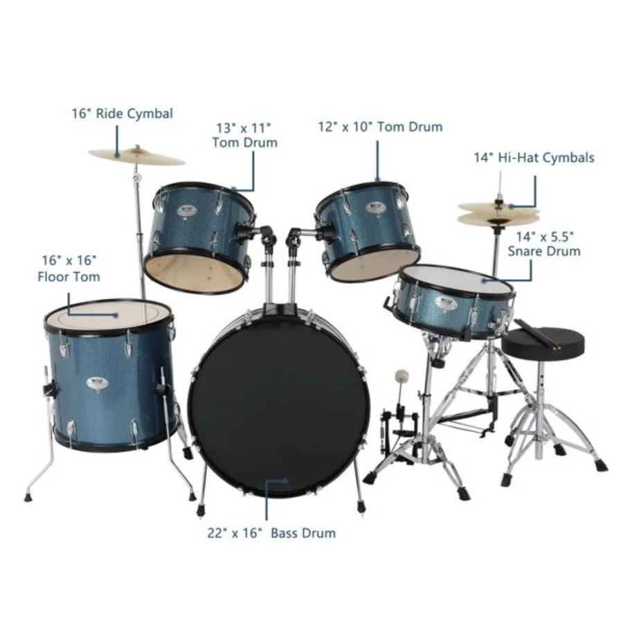 MCH 5-Piece Full-Size Drum Set – Black with Cymbals & Stool