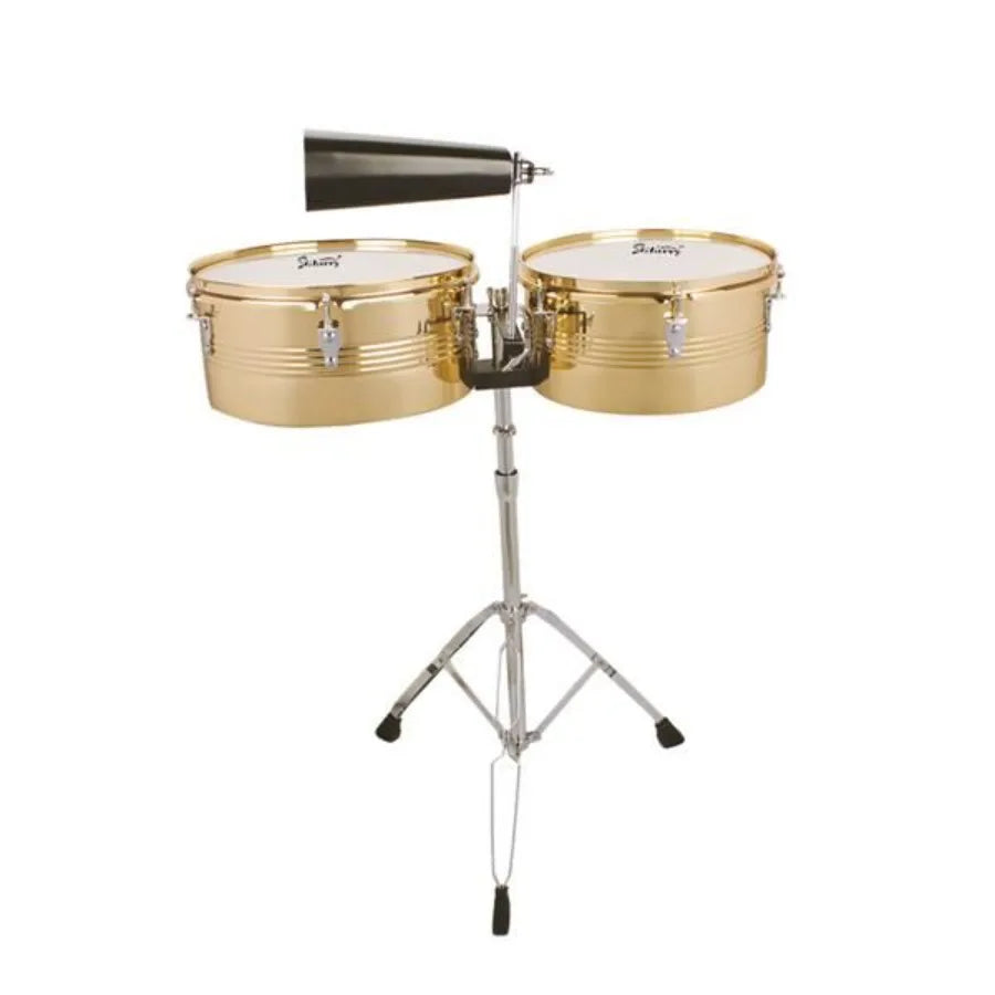 Glarry 13/14" Timbales Drum Set – Golden with Stand & Cowbell