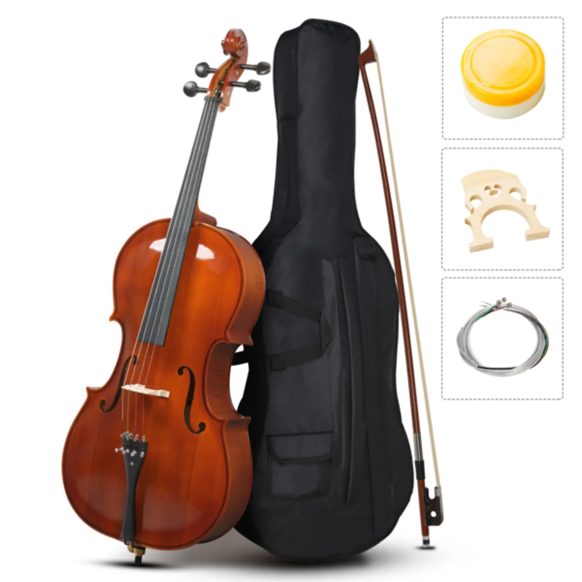 4/4 Spruce Cello – Natural Tiger Pattern with Bag & Accessories