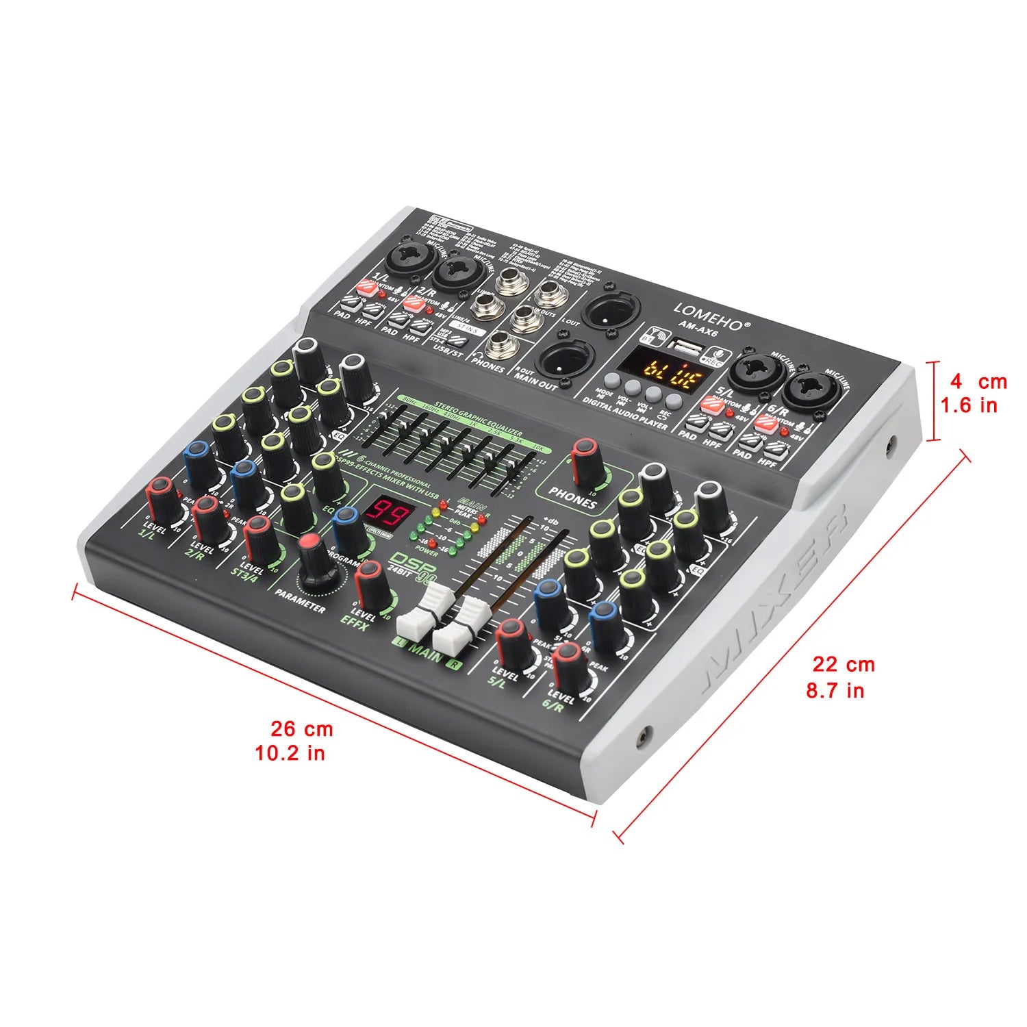 LOMEHO AM-AX6 Mini 6-Channel Sound Mixer – DSP, USB & Bluetooth