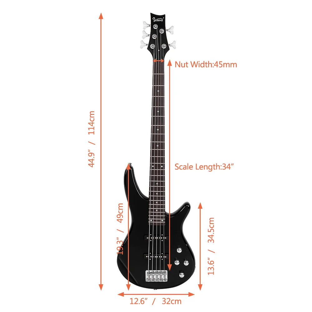 GIB 5-String Electric Bass Guitar – Black with Bag & Accessories