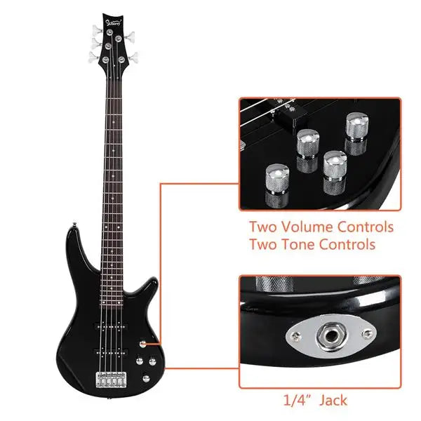 GIB 5-String Electric Bass Guitar – Black with Bag & Accessories