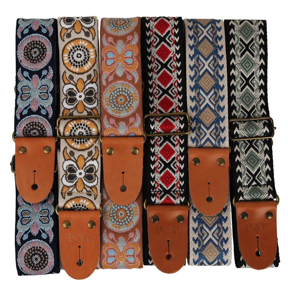P&P Adjustable Guitar Strap – Embroidered with Leather Ends