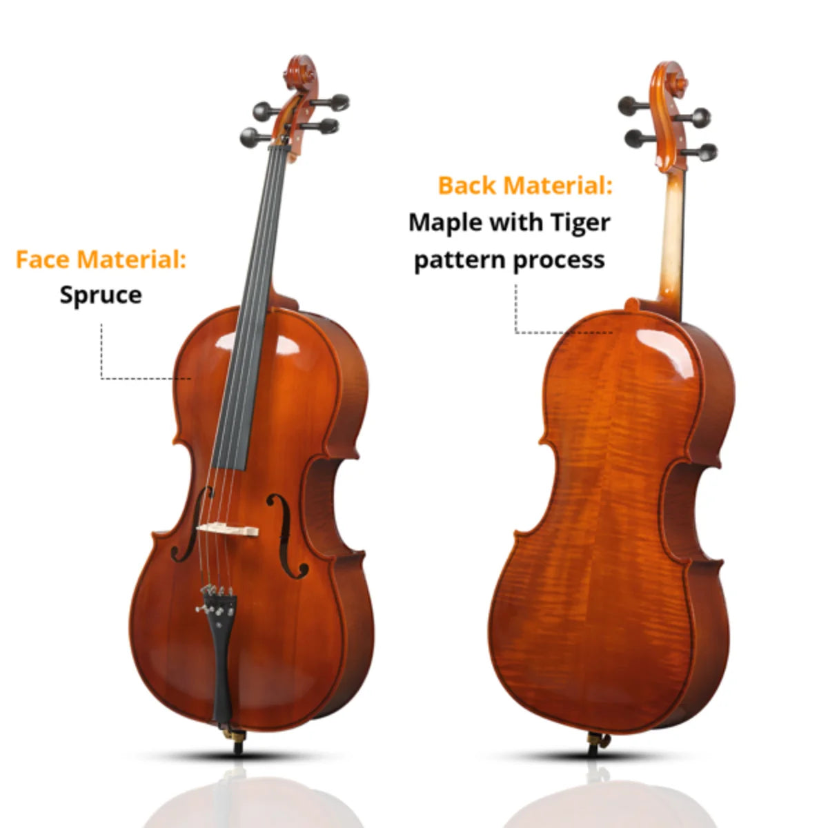 4/4 Spruce Cello – Natural Tiger Pattern with Bag & Accessories
