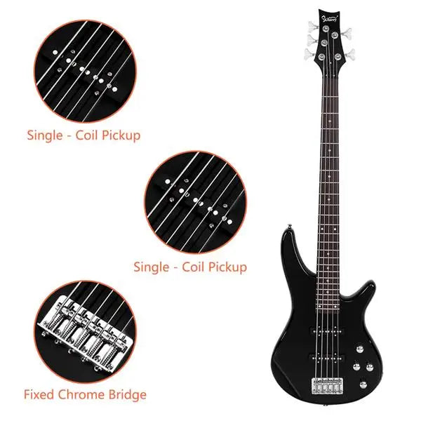 GIB 5-String Electric Bass Guitar – Black with Bag & Accessories