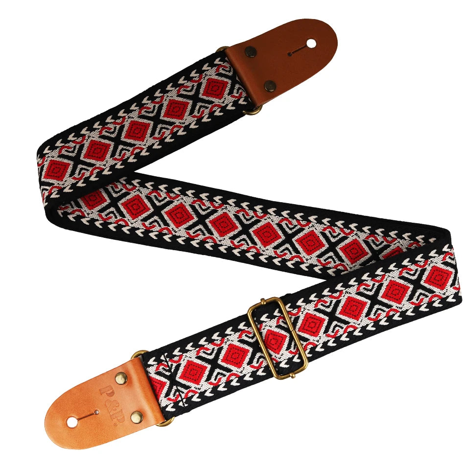 P&P Adjustable Guitar Strap – Embroidered with Leather Ends