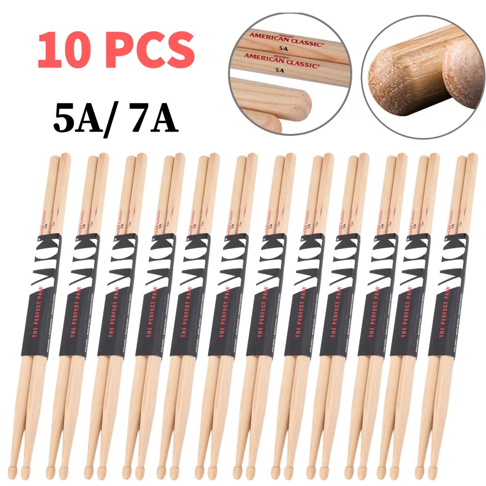 10-Piece American Hickory Drumsticks – Jazz & Multi-Use