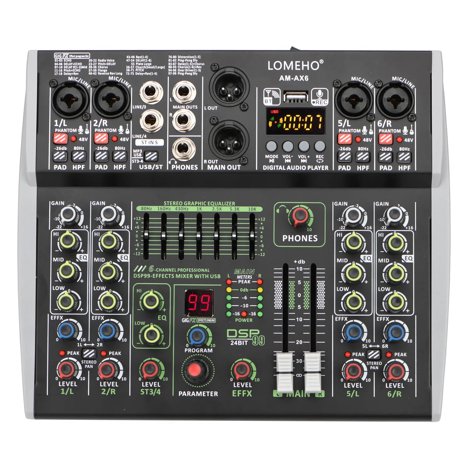 LOMEHO AM-AX6 Mini 6-Channel Sound Mixer – DSP, USB & Bluetooth