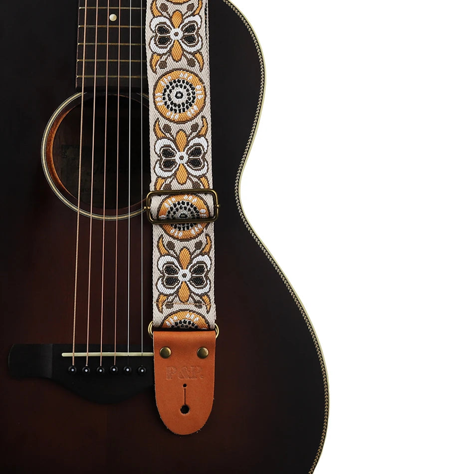 P&P Adjustable Guitar Strap – Embroidered with Leather Ends