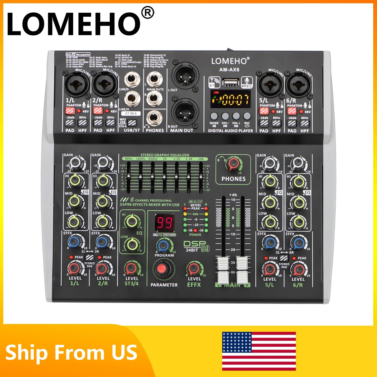 LOMEHO AM-AX6 Mini 6-Channel Sound Mixer – DSP, USB & Bluetooth