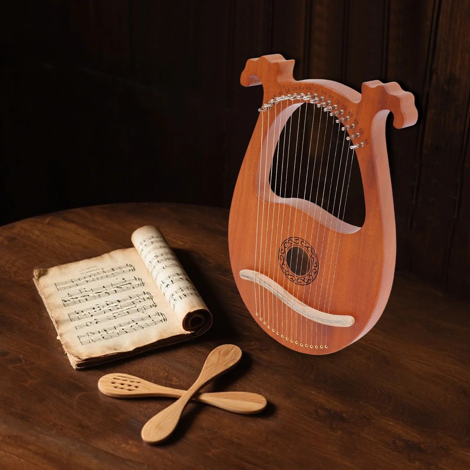 16-String Mahogany Lyre Harp – Portable Musical Instrument