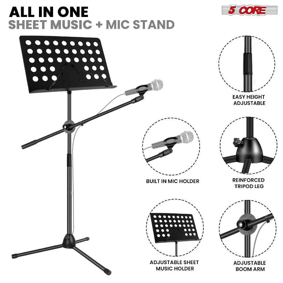 5 Core Adjustable Music Stand – Foldable Sheet Holder with Mic Mount
