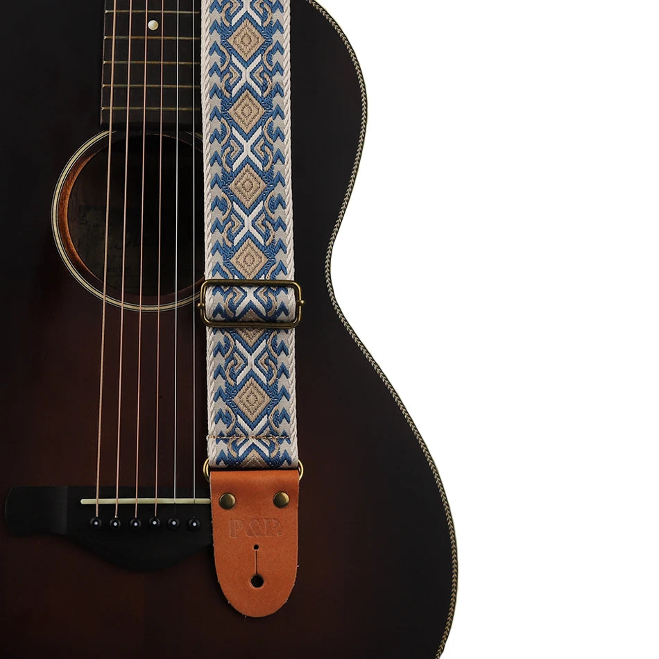 P&P Adjustable Guitar Strap – Embroidered with Leather Ends