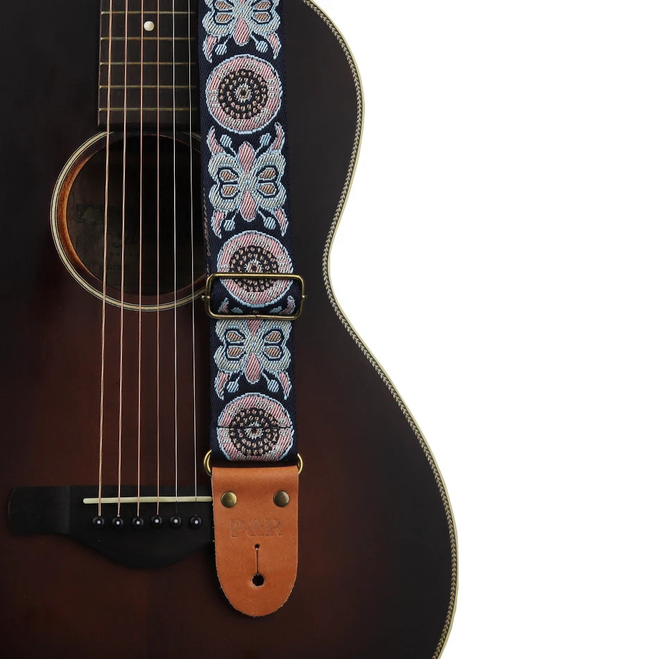 P&P Adjustable Guitar Strap – Embroidered with Leather Ends