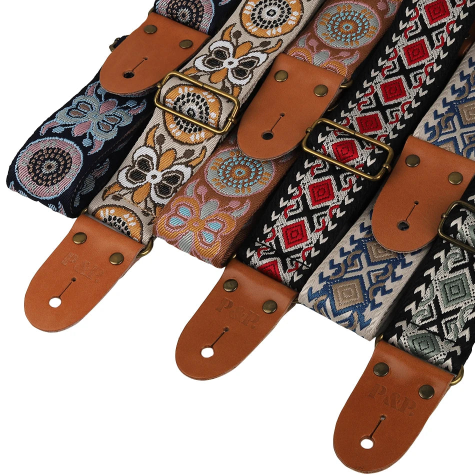 P&P Adjustable Guitar Strap – Embroidered with Leather Ends