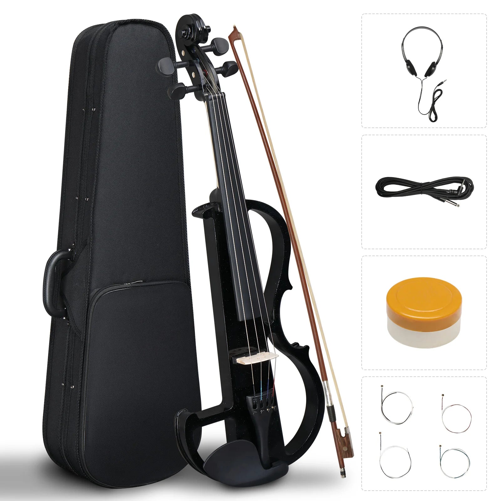 Full Size 4/4 Bunnel Edge Electric Silent Violin – Black with Case, Bow & Accessories