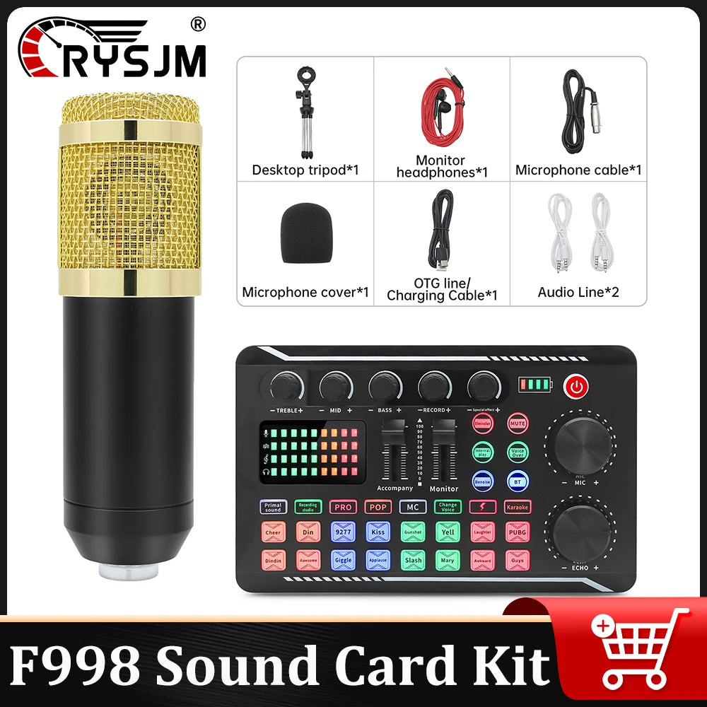 F998 Sound Card & BM800 Mic Kit – Audio Mixer for Streaming & Recording