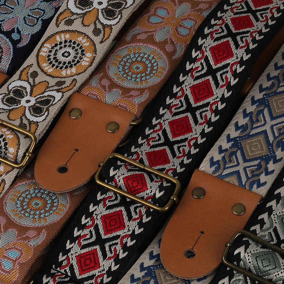 P&P Adjustable Guitar Strap – Embroidered with Leather Ends