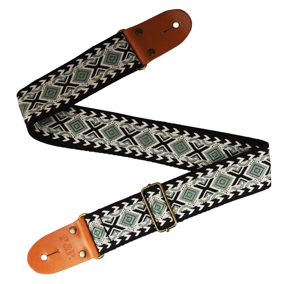 P&P Adjustable Guitar Strap – Embroidered with Leather Ends