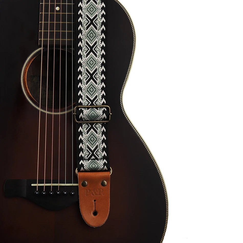 P&P Adjustable Guitar Strap – Embroidered with Leather Ends