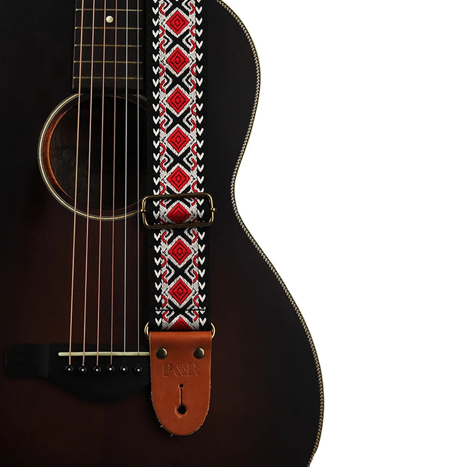 P&P Adjustable Guitar Strap – Embroidered with Leather Ends