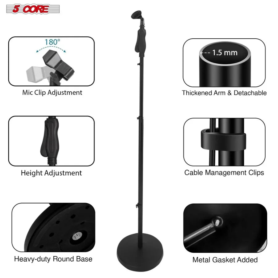 5Core Adjustable Microphone Stand – 35"–57" with Round Base