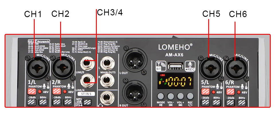 LOMEHO AM-AX6 Mini 6-Channel Sound Mixer – DSP, USB & Bluetooth