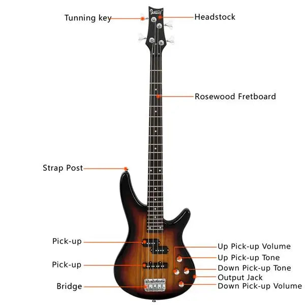 GIB 4-String Electric Bass Guitar – 24 Frets, Sunset Finish