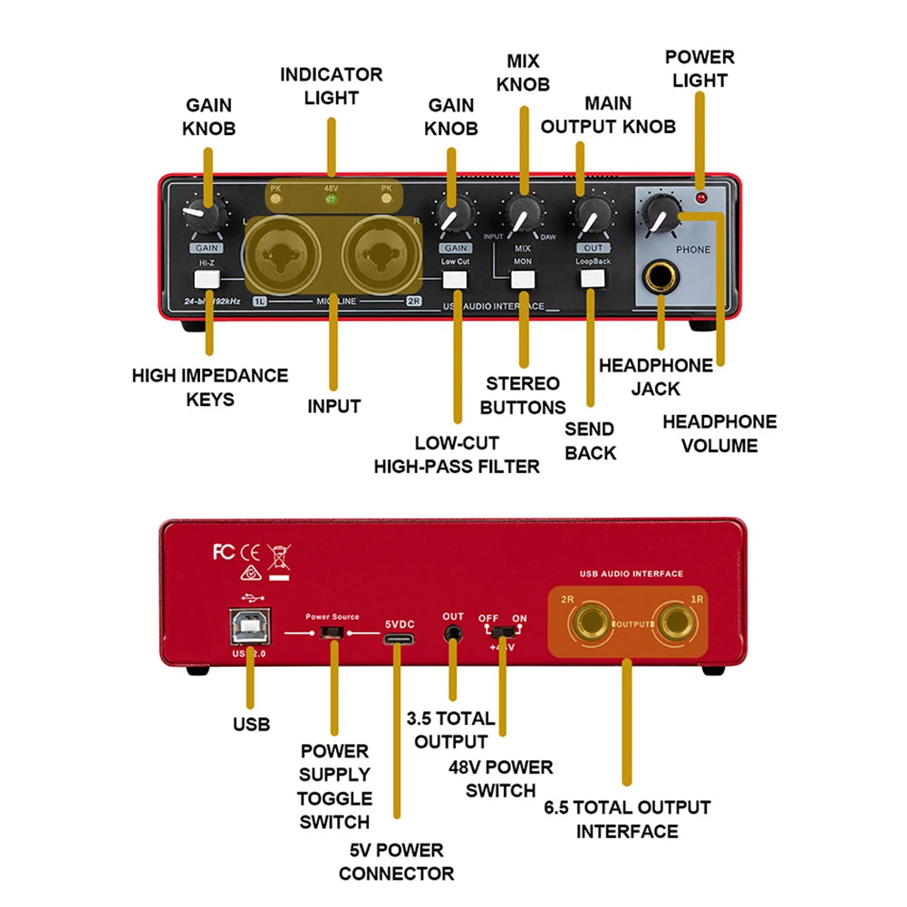 MD22 Portable USB Sound Card – 48V Phantom Power, 24-bit/192kHz Audio Interface
