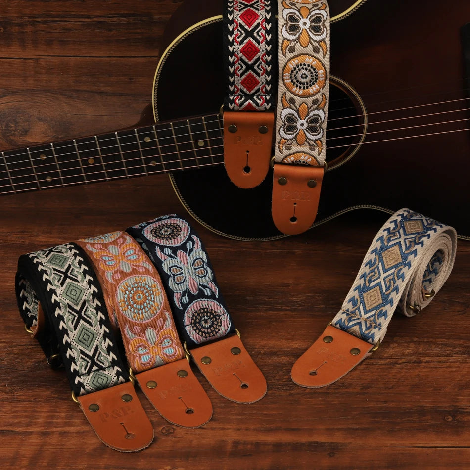 P&P Adjustable Guitar Strap – Embroidered with Leather Ends