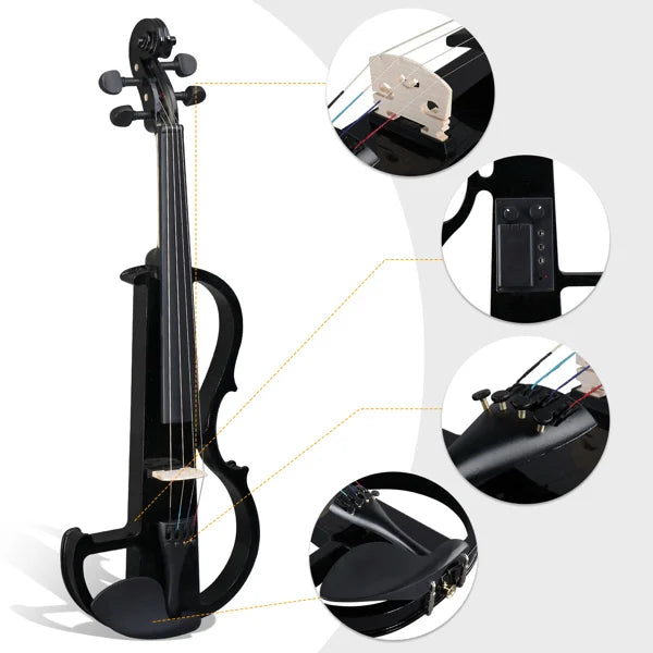 Full Size 4/4 Bunnel Edge Electric Silent Violin – Black with Case, Bow & Accessories