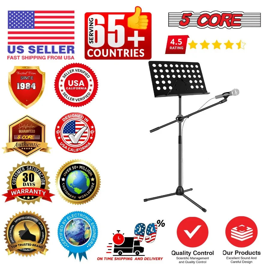 5 Core Adjustable Music Stand – Foldable Sheet Holder with Mic Mount